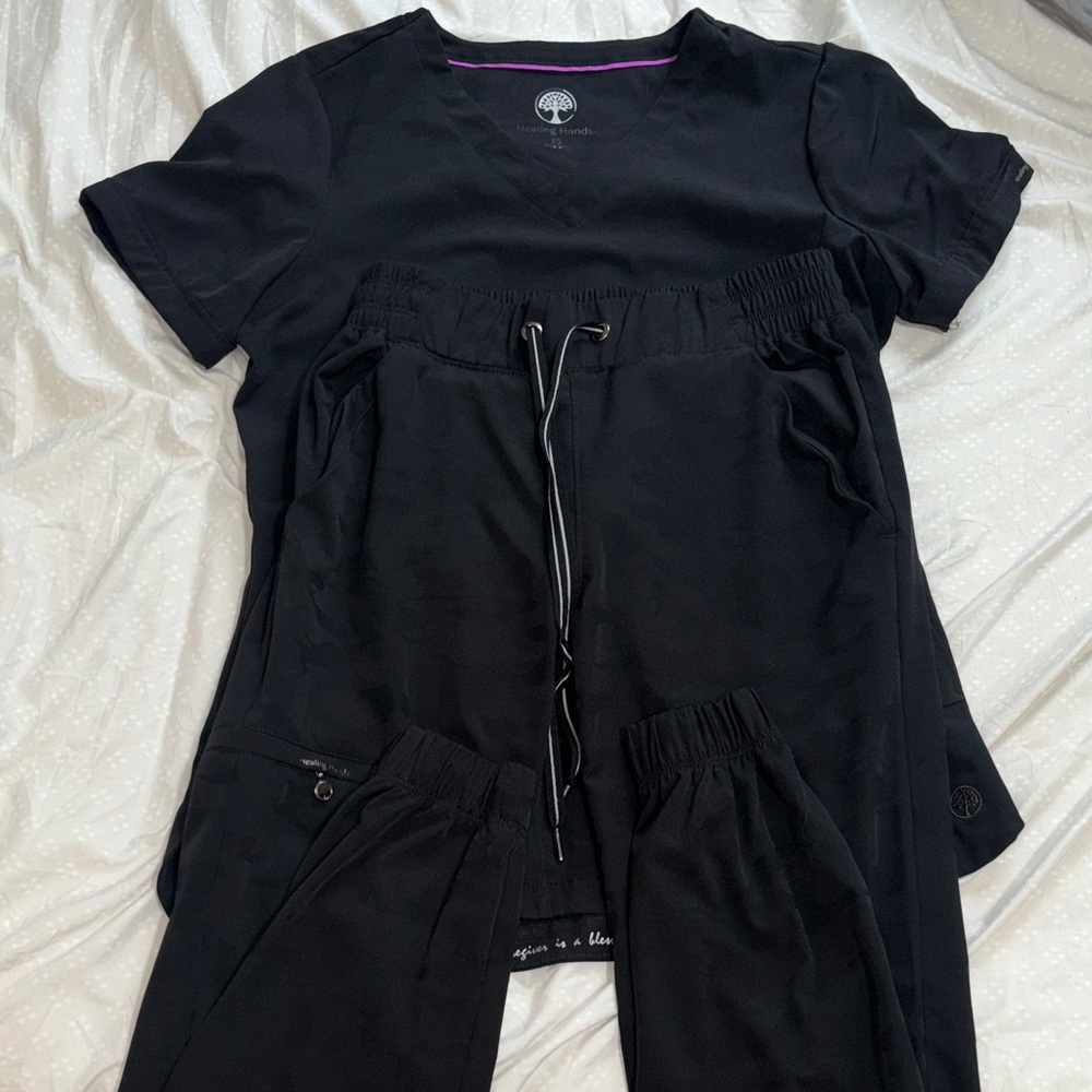 Healing Hands Black Scrub Top with Pink Trim